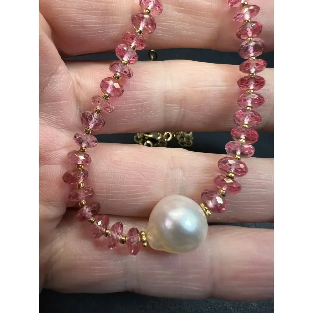 Gold Filled Necklace with Baroque Pearl and Pink Faceted Gemstone Beads